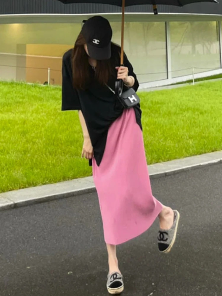 

2023 Summer Fashion Maternity Clothes Suit Black Casual Tops Pink Back Split Abdominal Skirt Twinset Pregnant Woman Skirts Suits
