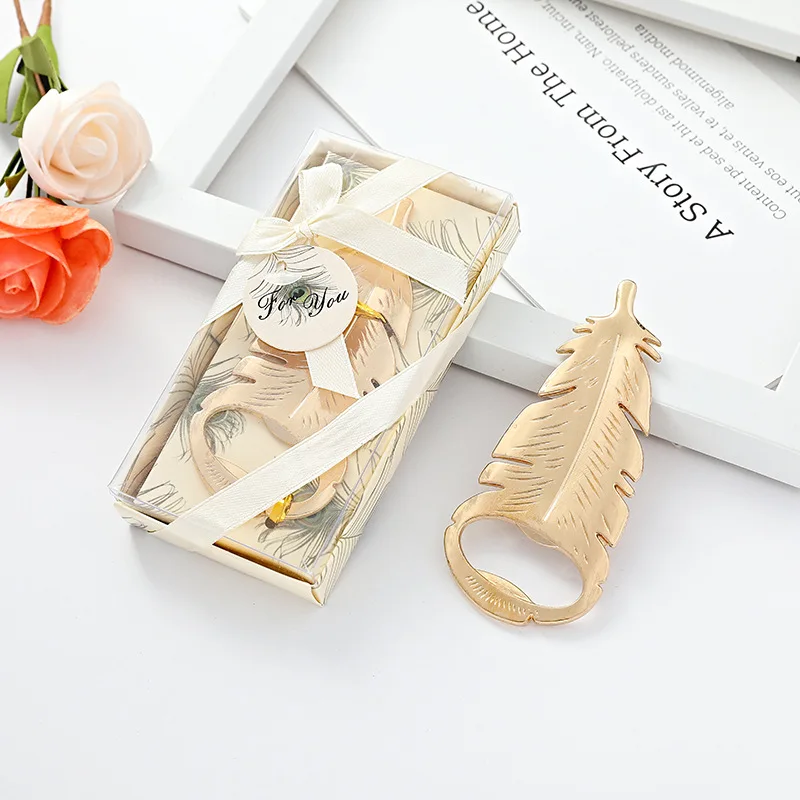 

20pcs/lot Feather Shape Beer Bottle Opener Small Wedding Favors for Guests Golden Zinc Alloy Beer Openers Tools Kitchen Gadgets