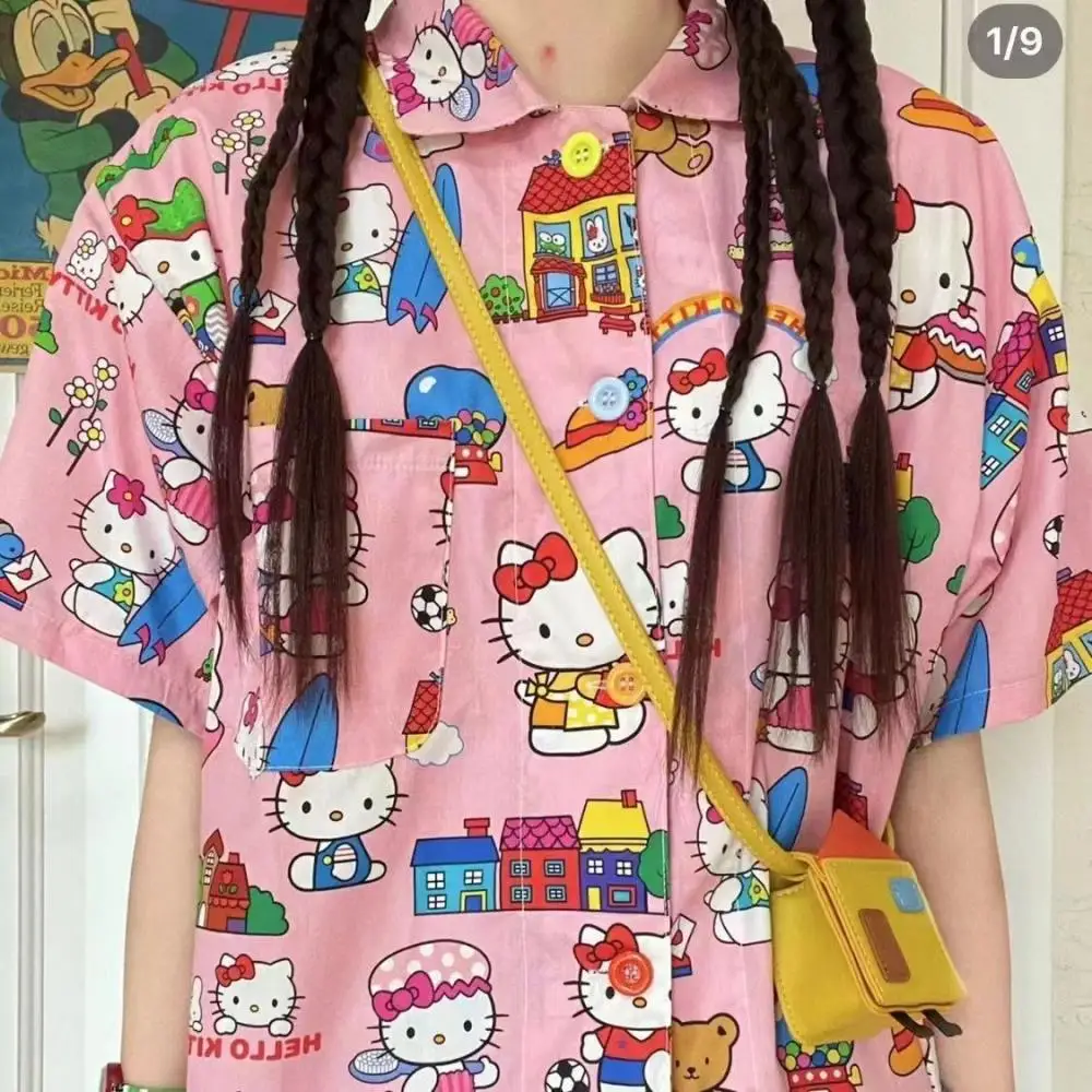 

Kawaii Cartoon Sanrio Hello Kitty T-Shirt Cotton Short Sleeve Bow Element Oversized Loose Anime Print T-Shirt Girl Heart Gift