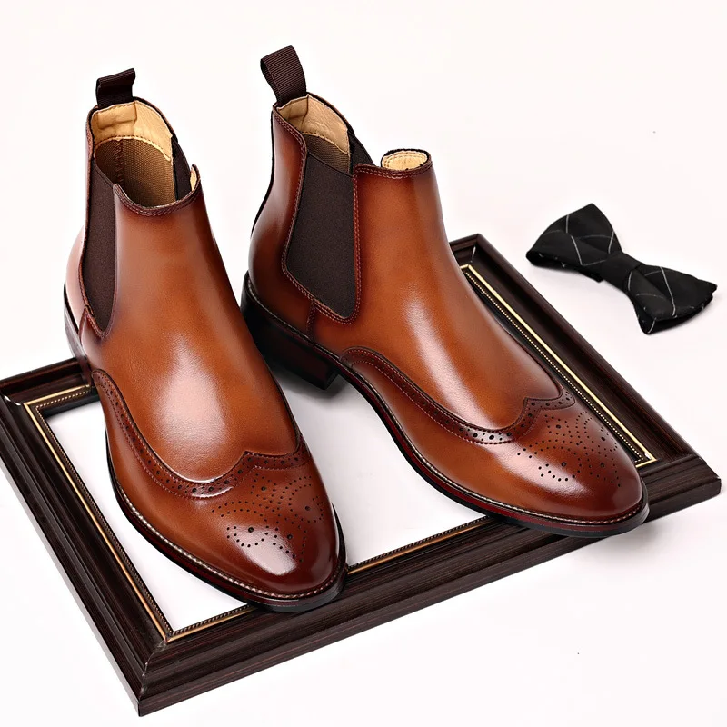 

men fashion wedding party dress chelsea boots carved brogue shoes black brown genuine leather boot spring autumn ankle botas man
