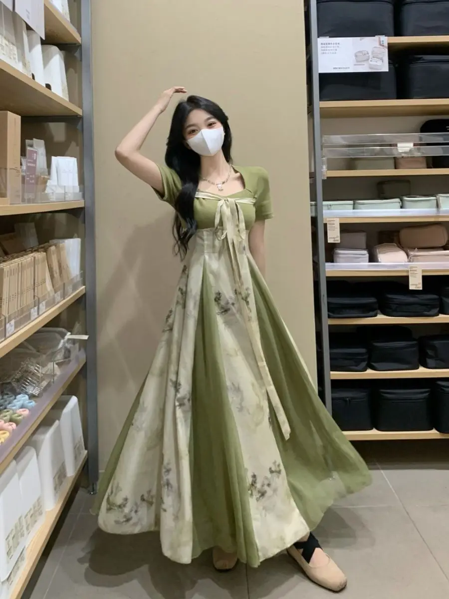 

Korea Elegant Printed Long Dresses For Women Female Loose Square Collar Long Sleeve Cotton Vestidos Robe Spring Summer