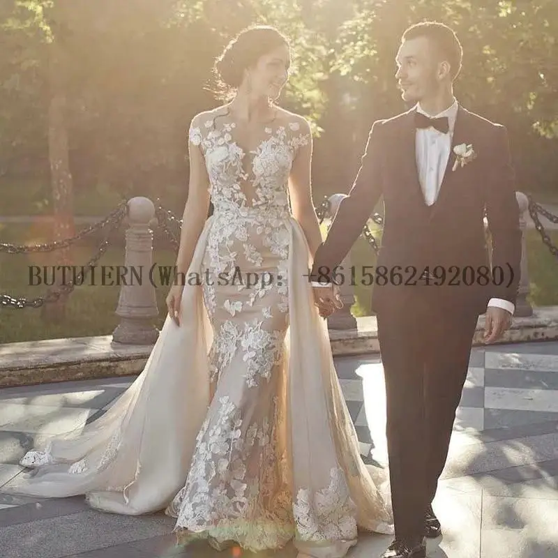 Detachable Train Lace Mermaid Wedding Dress Backless Appliques Short Sleeve Champagne Wedding Dresses
Detachable Train Lace Mermaid Wedding Dress Backless Appliques Short Sleeve Champagne Wedding Dresses