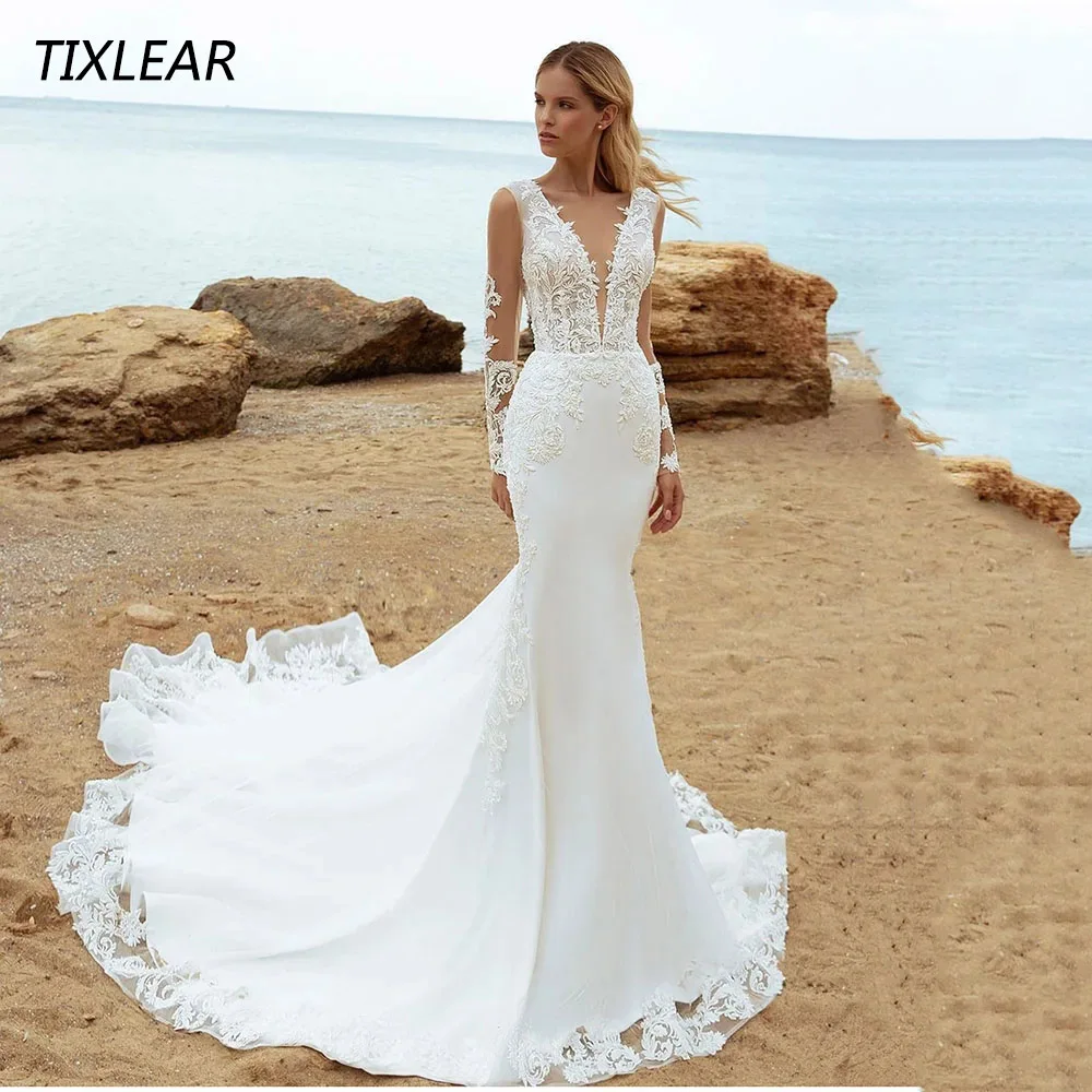 

TIXLEAR Elegant V-Neck Wedding Dress Long Sleeves Lace Applique Backless Floor Length Bridal Gown Illusion Vestidos De Novia New