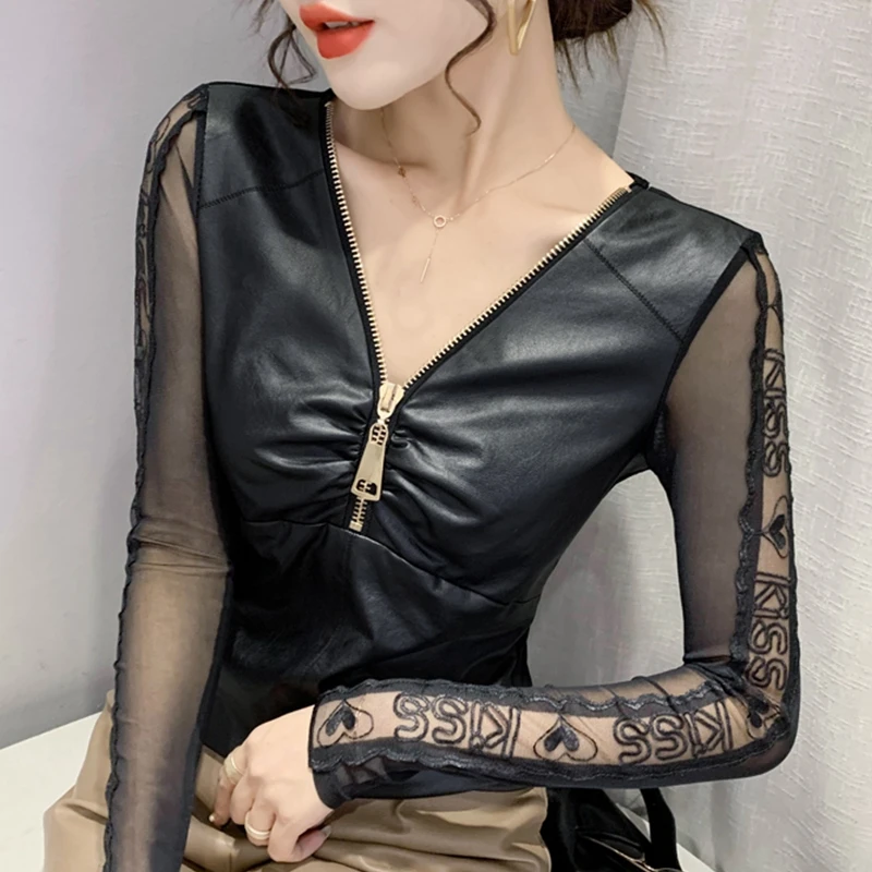 Женская одежда, кожаные сетчатые футболки с стежками, женские топы на молнии на осень и весну, женские сексуальные футболки, Популярная Корейская одежда
Женская одежда, кожаные сетчатые футболки с стежками, женские топы на молнии на осень и весну, женские сексуальные футболки, Популярная Корейская одежда
