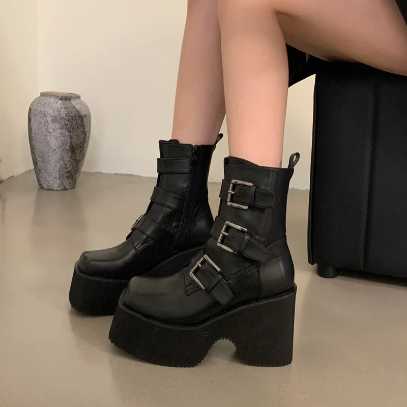 

Black Platform Boots Women Chunky High Heels Autumn Ankle Boots Ladies Motorcycle Shoes Punk Round Toe Bottine Femme