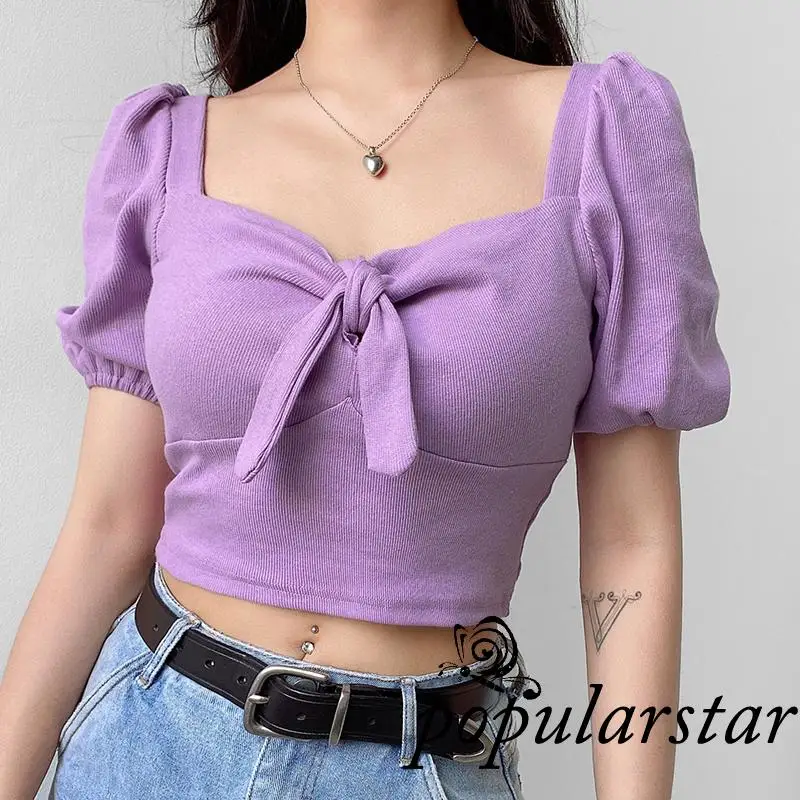 Popu-Women Solid Color Square Neck T-shirts, Bowknot Puff Short Sleeve Slim Fit Knit Crop Tops
Popu-Women Solid Color Square Neck T-shirts, Bowknot Puff Short Sleeve Slim Fit Knit Crop Tops