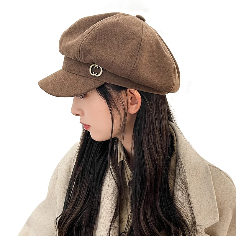 

New Fashion Ladies Autumn Winter Warm Octagonal Cap Woolen Beret Hat For Women Vintage Artist Painter Solid Color Newsboy Berets