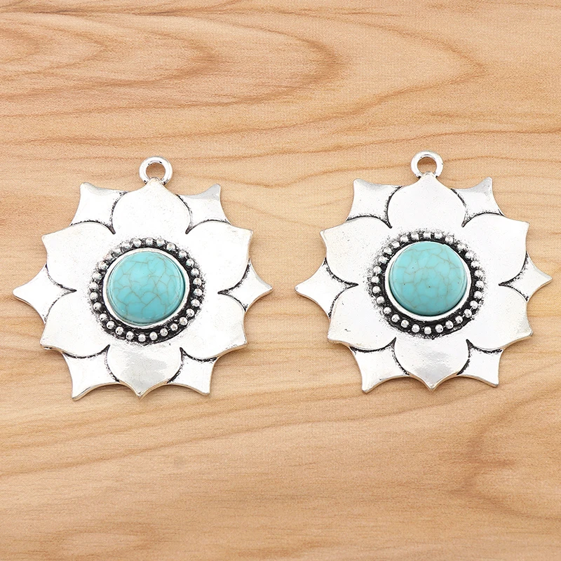 

3Pcs Tibetan Silver Color Imitation Turquoise Stone Flower Charms Pendants For DIY Necklace Jewelry Making Findings Accessories