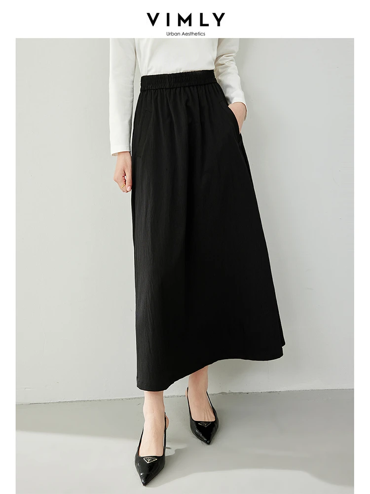 

Vimly Women's Black Long Skirt 2024 Spring New In Elegant A-line Elastic Waist Female Swing Maxi Skirts Woman Clothing M6068