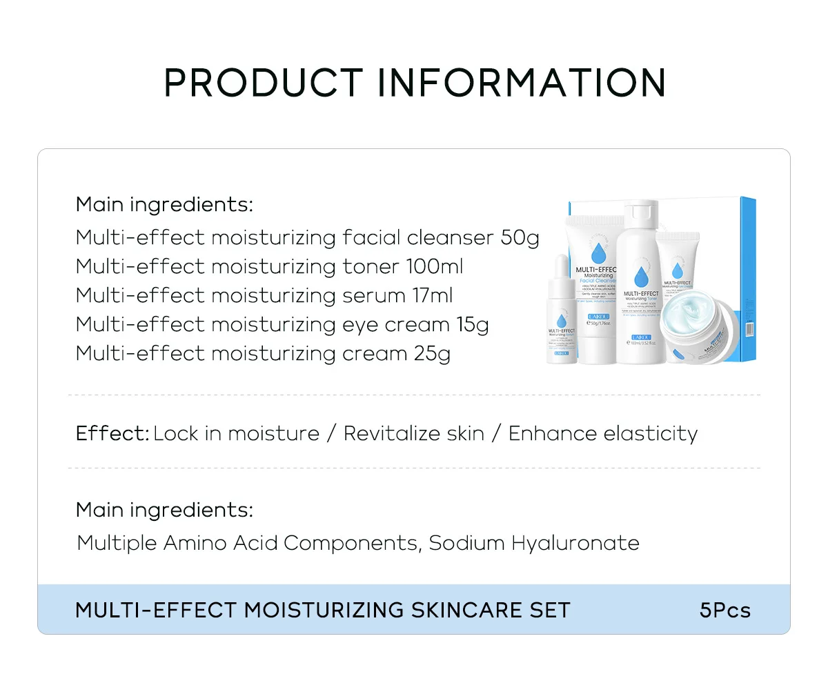 5pcs Multi-Effect Moisturizing Skincare Sets Amino Acids Cleanser Hyaluronic Acid Toner Serum Eye Cream Improve Dry Skin Cream 26 Sfa2ed4634be14774be9810776b21cd44p