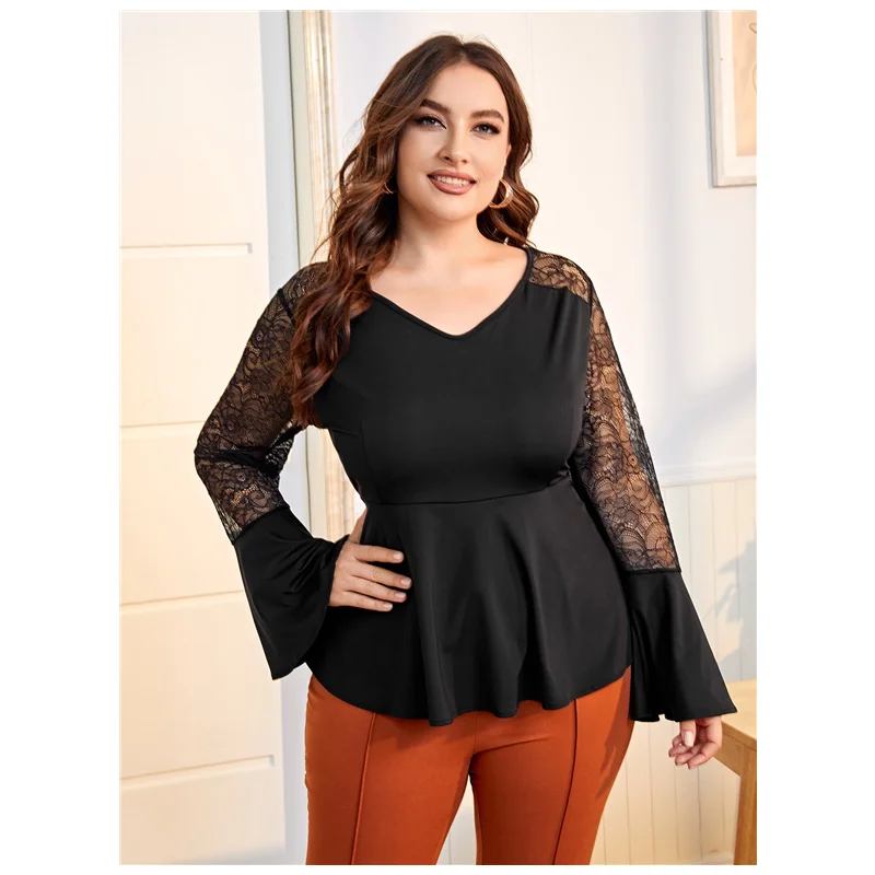 

Plus Size Elegant Fashion Peplum Blouse Women Long Bell Sleeve Lace Patchwork Spring Work Office Top T-shirt Large Size 6XL 7XL