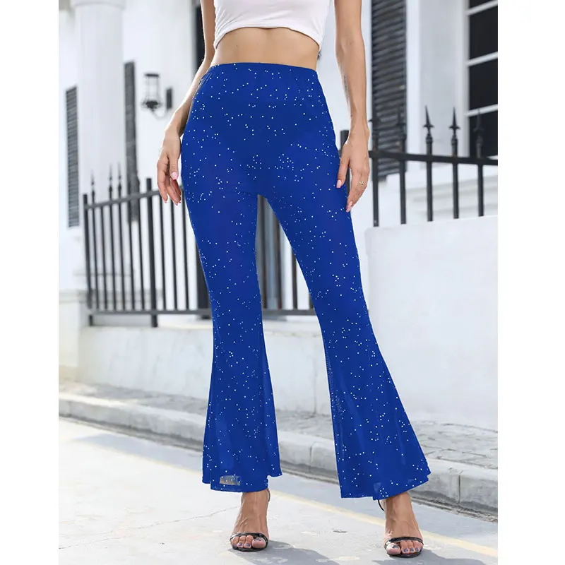 

Y2k Summer Sexy Sequins Women High Waist Pants 2024 Blue Sheer Wide Leg Pants Ladies Slim Beach Shiny Trousers Chic Flare Pants