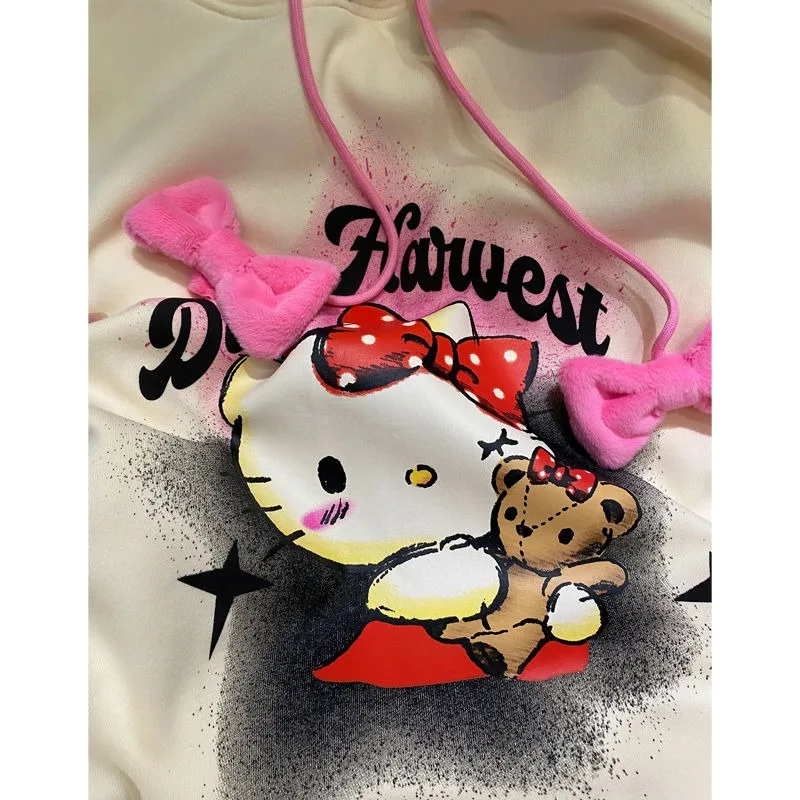 

Kawaii Sanrio Anime Hello Kitty Cotton Hoodie Cute Cartoon Thickening Printing Loose Sweet Lovely Bow Knot Simplicity for Girls