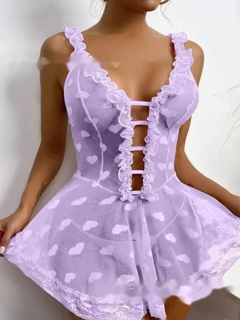 

New Style Summer Cute Sexy Suspender Dress Breathable Gauze Erotic Hollow Out Elegant Mature Passion Romantic Love Pattern 76PF