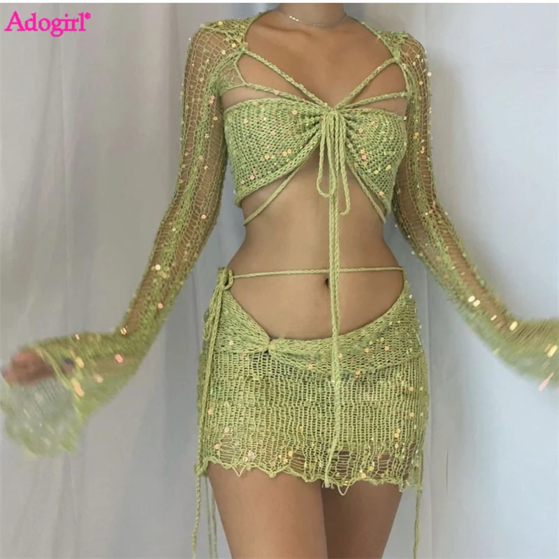 

Adogirl Sequins Knitted 3 Piece Sets Long Sleeve Cape Lace Up Strapless Crop Top Bodycon Mini Skirts Hollow Out Dress Suits