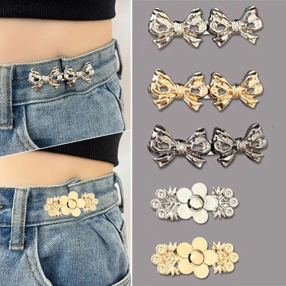 

1Pair Bowknot Button Snap Fastener Jeans Waist Buckle Flower Waist Buckle Metal Reduce Waist Reusable Adjustable Accessories