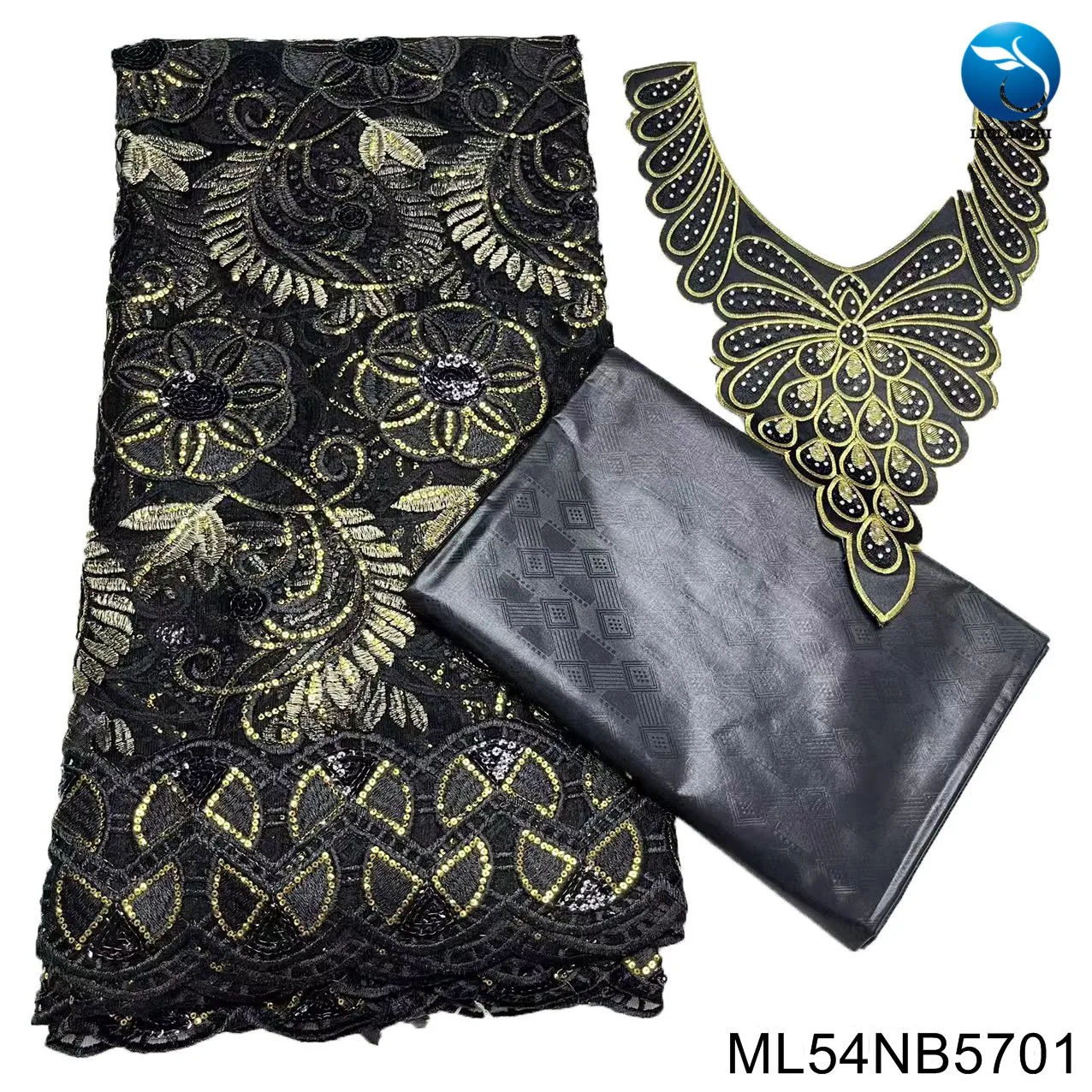 

African Sequins Net Lace Fabric with Printed Necktie, Noble Temperament, Black Bazin Riche Brocade, 5 Yards Dress, ML54NB57