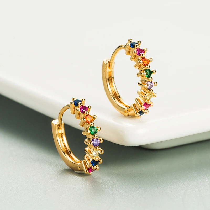 Фото Красочные циркониевые радужные серьги-кольца для женщин Разноцветные кристаллы