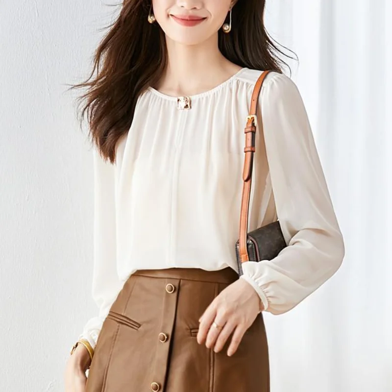 

New Spring and Summer Women's Solid O-Neck Long Sleeve Loose Thin Classic Korean Blouse Fashion Casual All Match Commute Tops