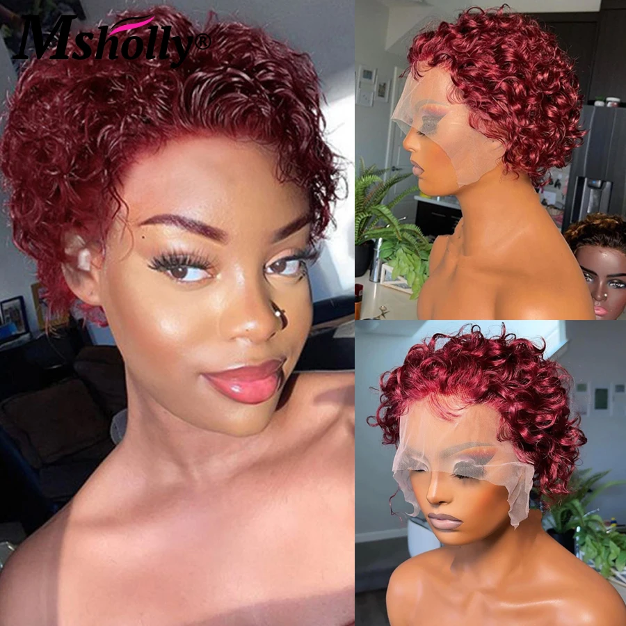 

99J Short Water Curly Human Hair Wig Pixie Cut Bob Brazilian Remy Burgundy Wigs For Women 13x1 Transparent Lace Front Wigs