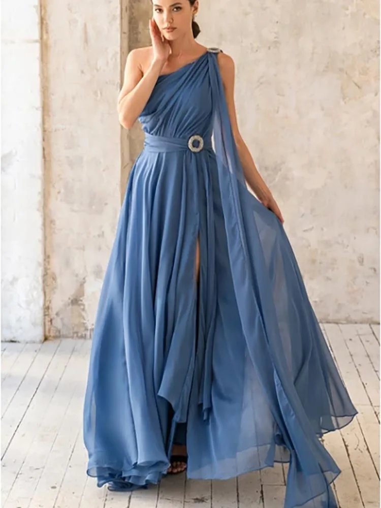A-Line One-Shoulder Sweep Train Chiffon Dress with Belt and Split Front Woman Fashion Formal Evening Prom Dresses
A-Line One-Shoulder Sweep Train Chiffon Dress with Belt and Split Front Woman Fashion Formal Evening Prom Dresses