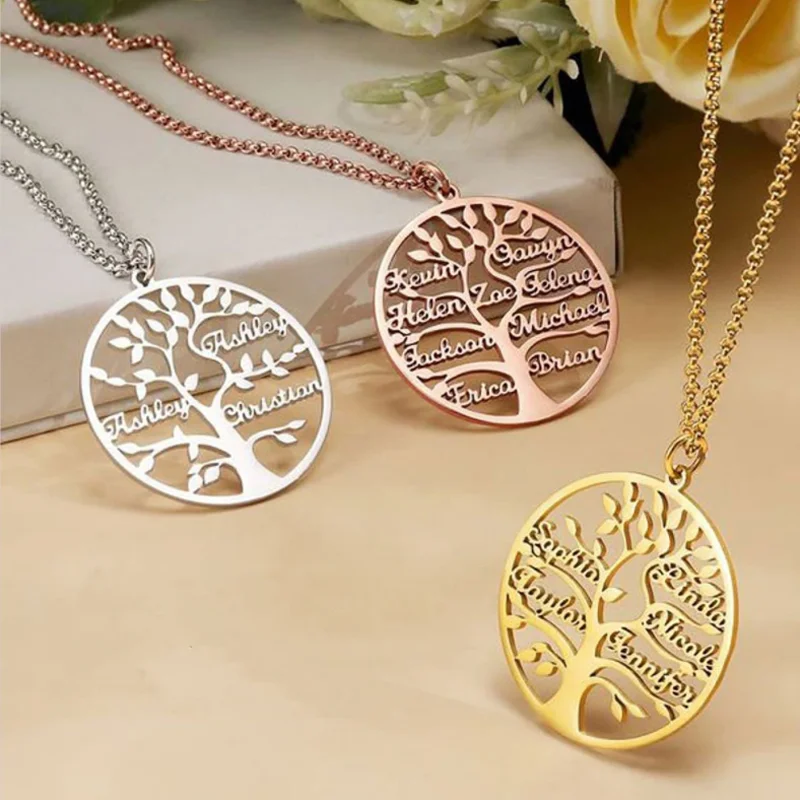 

Stainless Steel Custom Tree Of Life Name Necklace Personalized Father Kids Family Member Names Gold Pendant Choker Jewelry Gifts