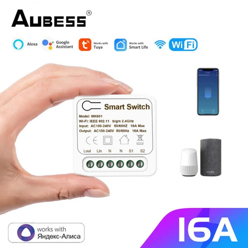 Aubess MINI Smart WiFi Light Switch 2-way Breaker Home Automation DIY Timing Relay Module For Tuya App Yandex Alexa Google |