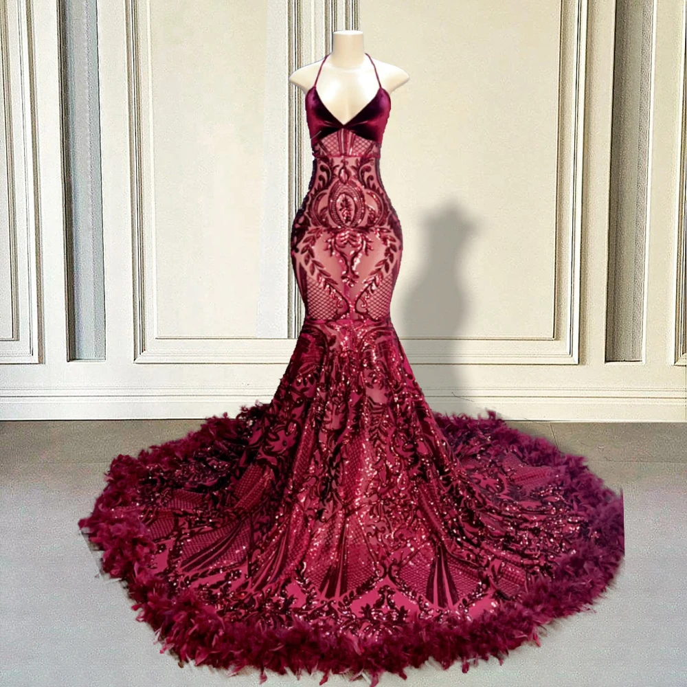 Sparkly Sequined Red Mermaid Long Prom Dress 2023 V Neck Feathers Train Girls Women Formal Evening Gowns for Graduation Party
Sparkly Sequined Red Mermaid Long Prom Dress 2023 V Neck Feathers Train Girls Women Formal Evening Gowns for Graduation Party