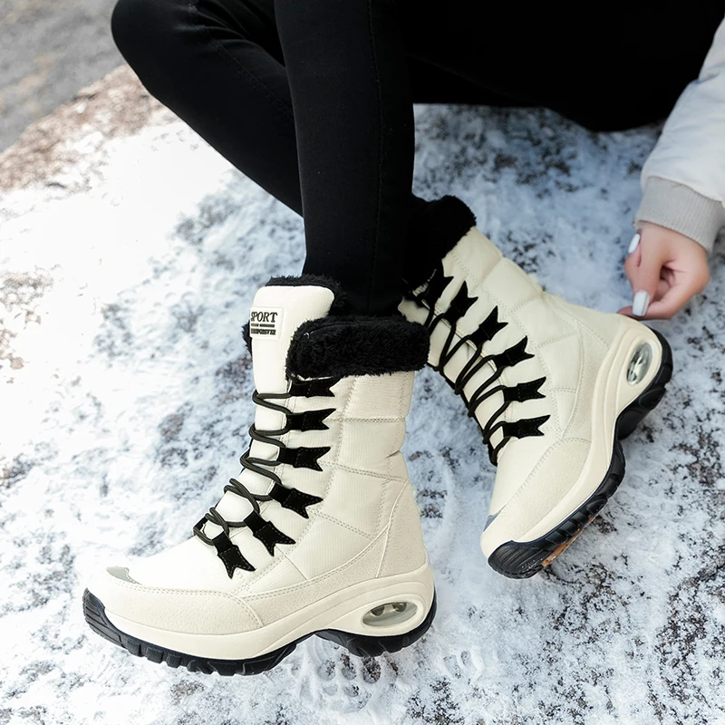 

Women Boots Winter Keep Warm Quality Mid-Calf Snow Boots Ladies Lace-up Comfortable Waterproof Booties Chaussures Femme