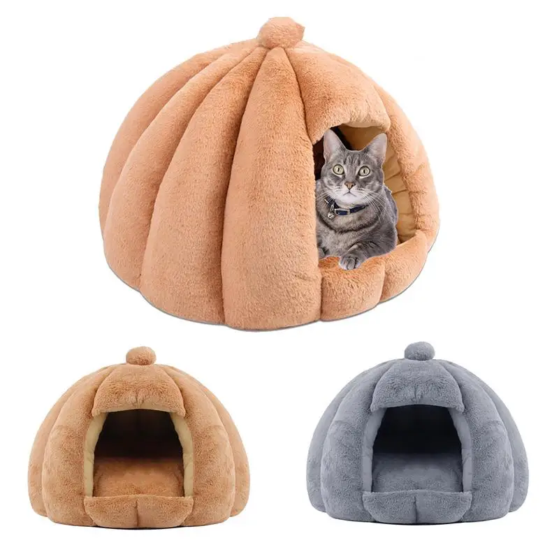 

Cat Cave Bed Fluffy Cat igloo pet bed With Removable Washable Cushioned Mattress Semi-closed Pumpkin Cat Kennel No Deformation