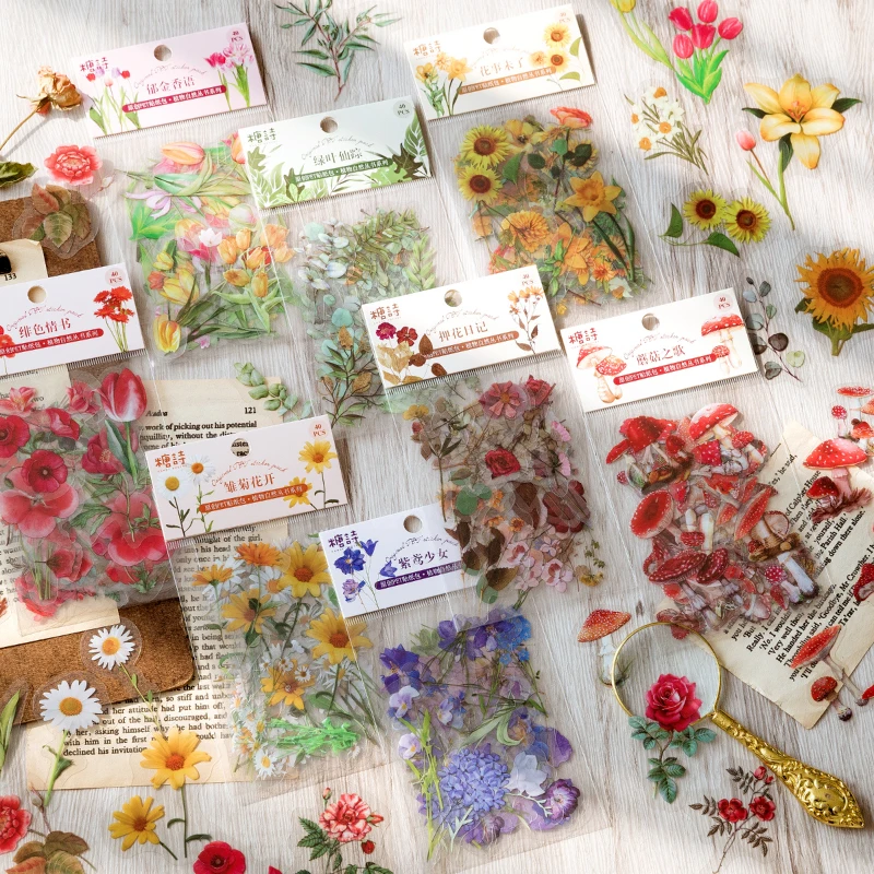 

40Pcs/Bag Assorted Flower Mushroom Stickers Handmade Card Collage Material Aesthetic Scrapbooking Journaling Accessories Diary