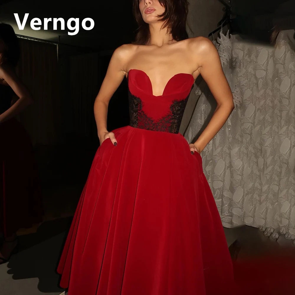 

Красное бархатное женское платье Verngo, длинное вечернее платье без бретелек, кружевное ТРАПЕЦИЕВИДНОЕ платье для выпускного вечера, официальное платье без рукавов