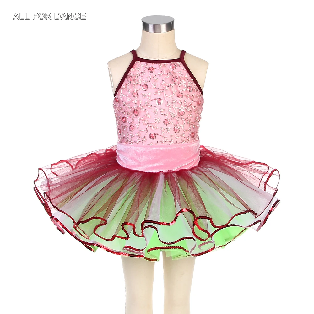 

22513 Pink Kids Ballet Tutus Dance Show Costume Sequin Lace and Spandex Bodice with Layers of Red Tutu Skirt Performance Dress