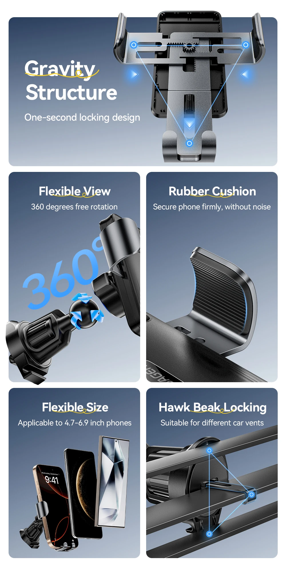 Essager Gravity Car Phone Holder Air Vent Clip Mount Mobilephone Stand For 4.7-6.5 Inch Phone For iPhone 16 15 14 13 Pro Xiaomi Essager Gravity Car Phone Holder Air Vent Clip Mount Mobilephone Stand For 4.7-6.5 Inch Phone For iPhone 16 15 14 13 Pro Xiaomi