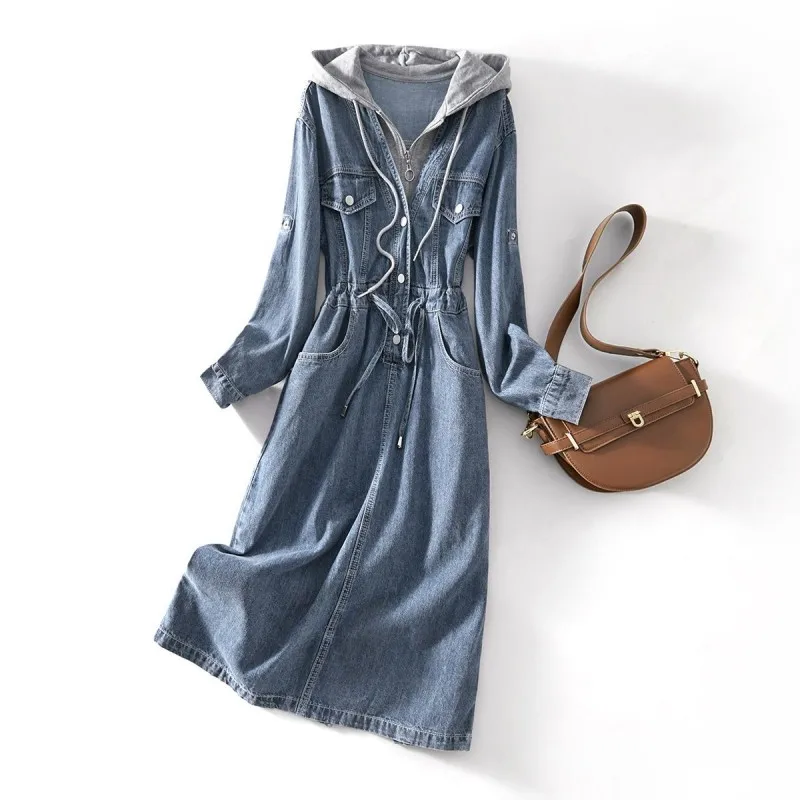 Women's Loose Hooded Denim Dress Female Spring Autumn Casual Long Sleeve Pullover Drawstring Cowboy Long Dresses
Women's Loose Hooded Denim Dress Female Spring Autumn Casual Long Sleeve Pullover Drawstring Cowboy Long Dresses