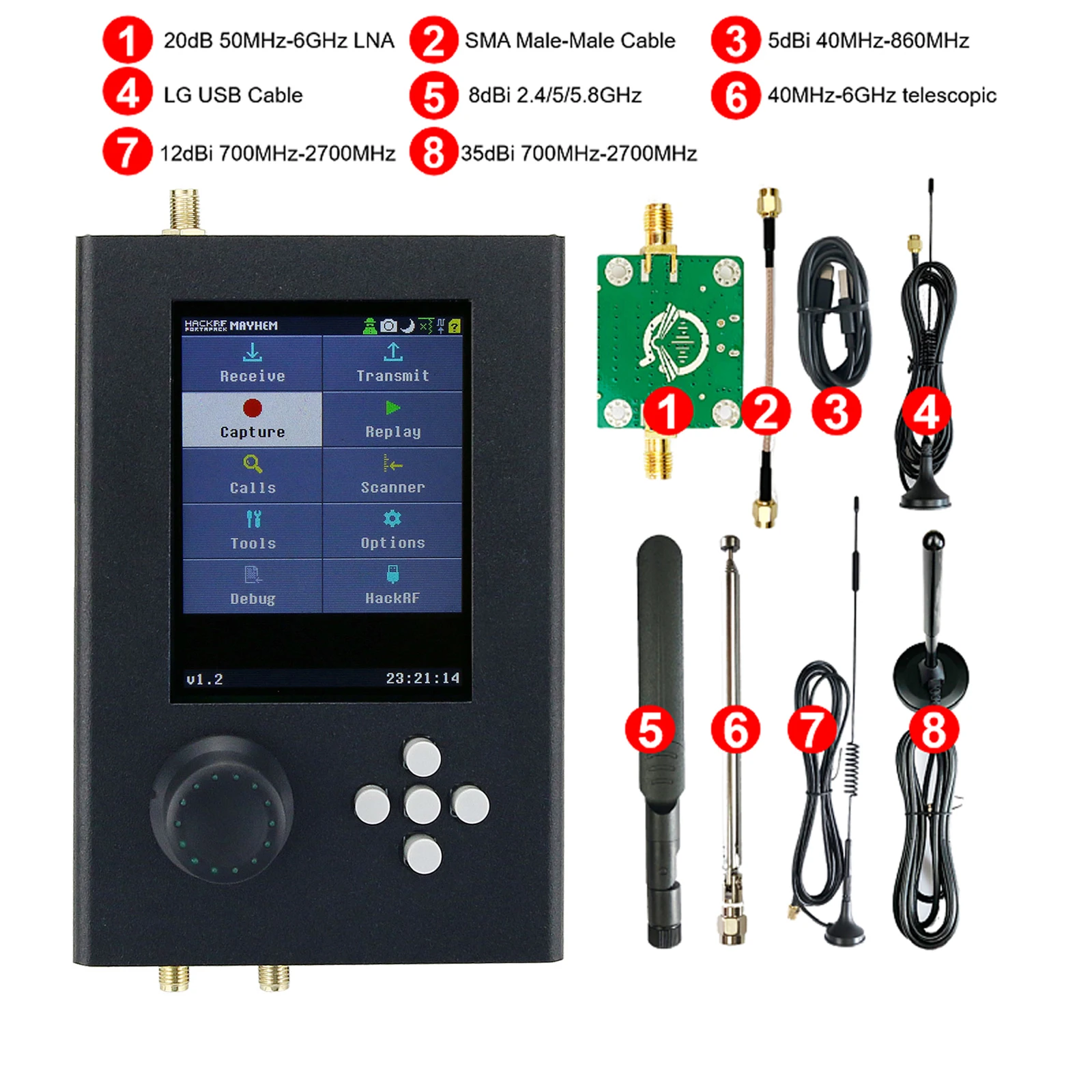 1MHz-6GHz SDR Radio Receiver Unassembled Black Shell HackRF One + PortaPack H2 with LNA S-MA Cable
1MHz-6GHz SDR Radio Receiver Unassembled Black Shell HackRF One + PortaPack H2 with LNA S-MA Cable