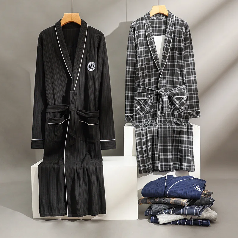 

Spring Autumn Plaid Bathrobe Men Sleep Top Kimono Robes for Male Full Pure Cotton Long Bath Robe Bride Robe Dressing Gown M-4Xl