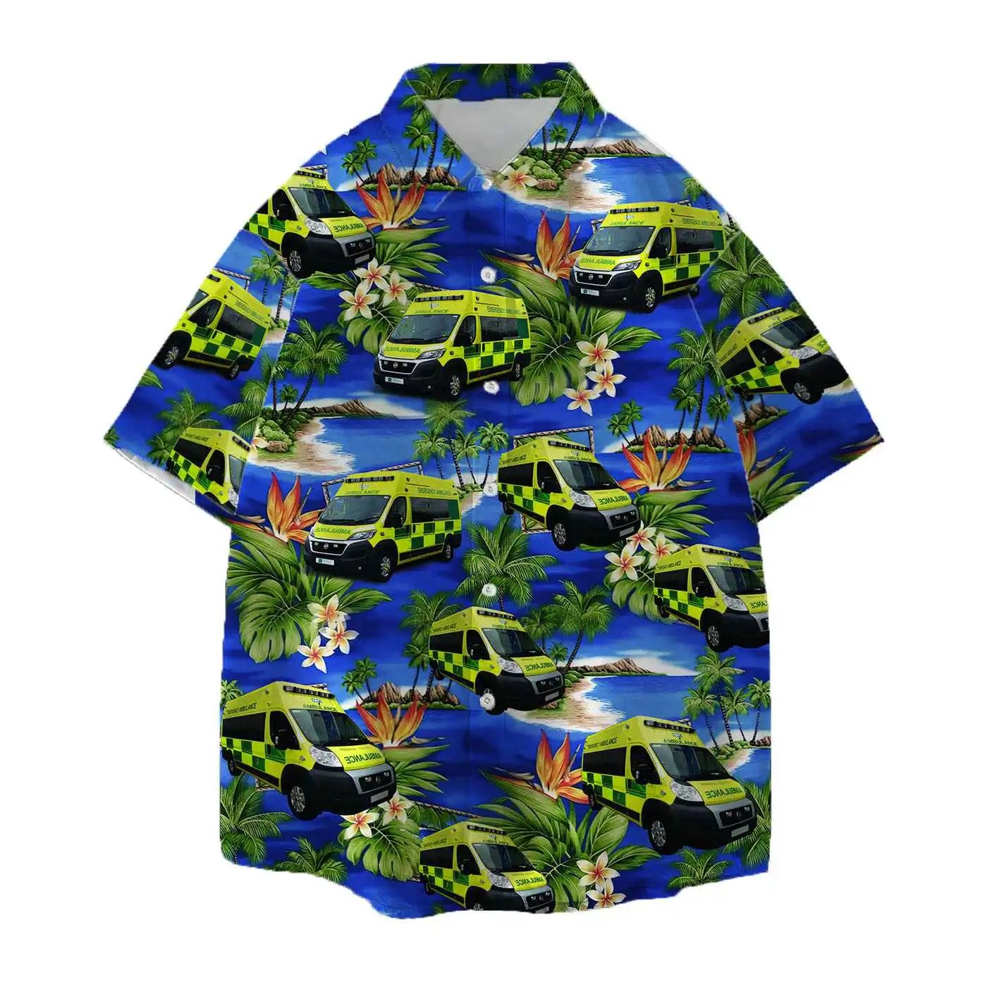 

Jumeast аварийная машина скорой помощи Мужская гавайская рубашка Пальма графика Алоха рубашки автомобиль винтажная уличная одежда Пляжная блузка молодежная одежда