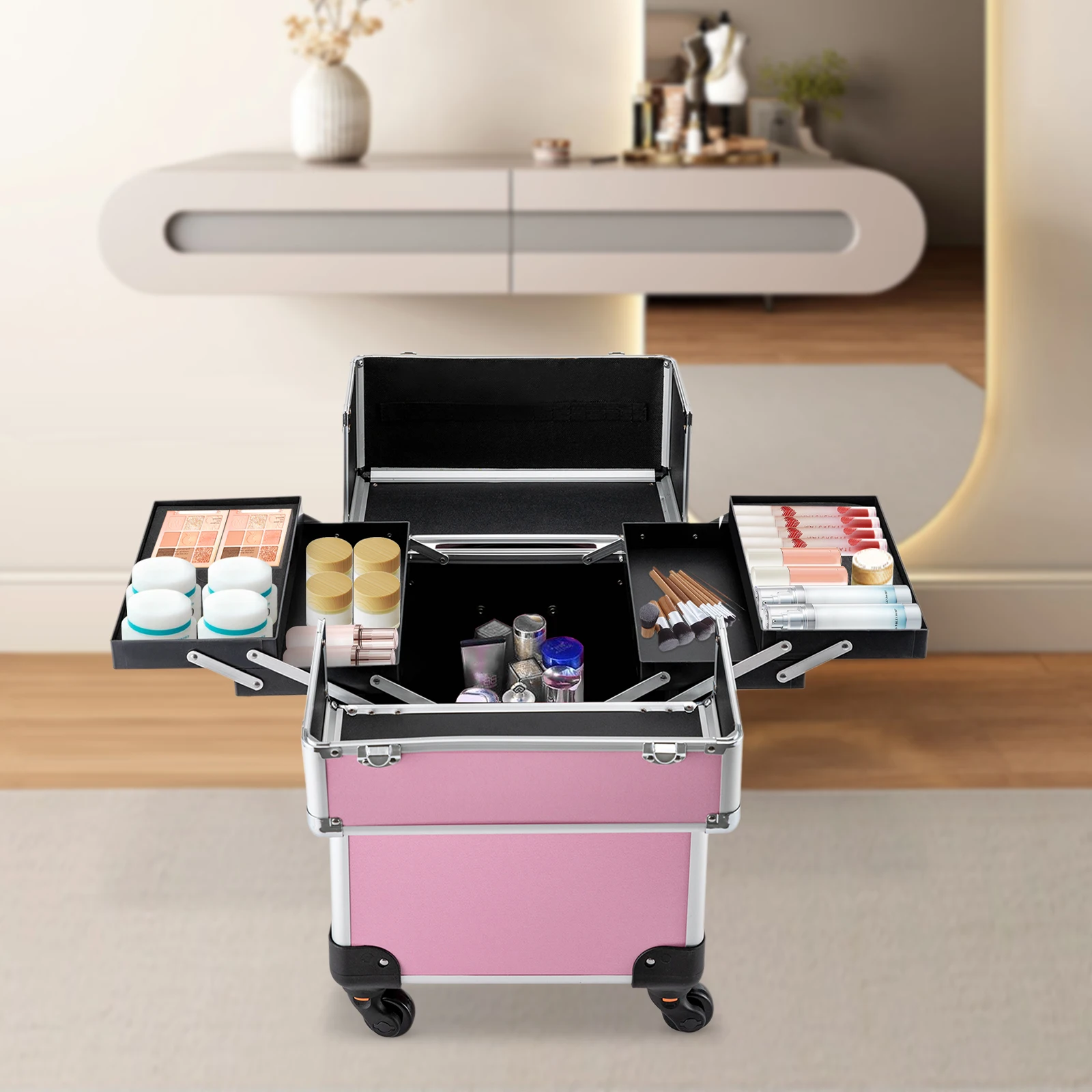 

Rolling Makeup Train Case Cosmetic Trolley Aluminum Travel Salon Barber Organizer with Swivel Wheels Hairstylist Cart Trunk Pink