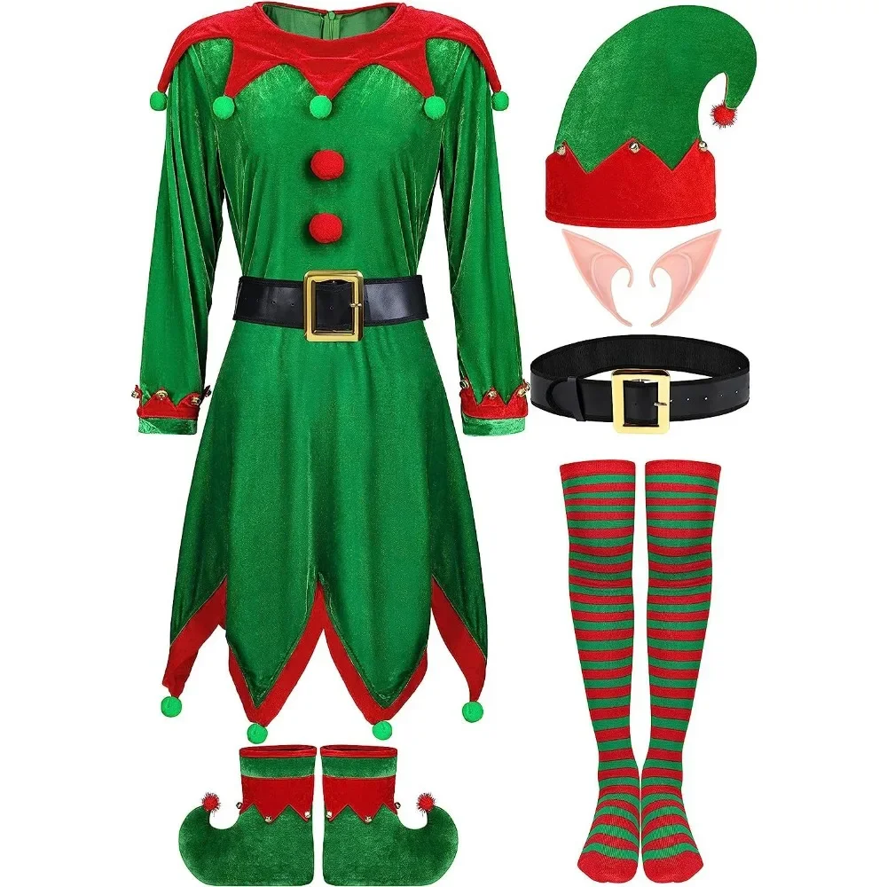 

Christmas Elf Women Girl Costumes Red Dress Belt Hat Shoes Striped Stockings New Year Xmas Carnival Party Role-playing Disguise