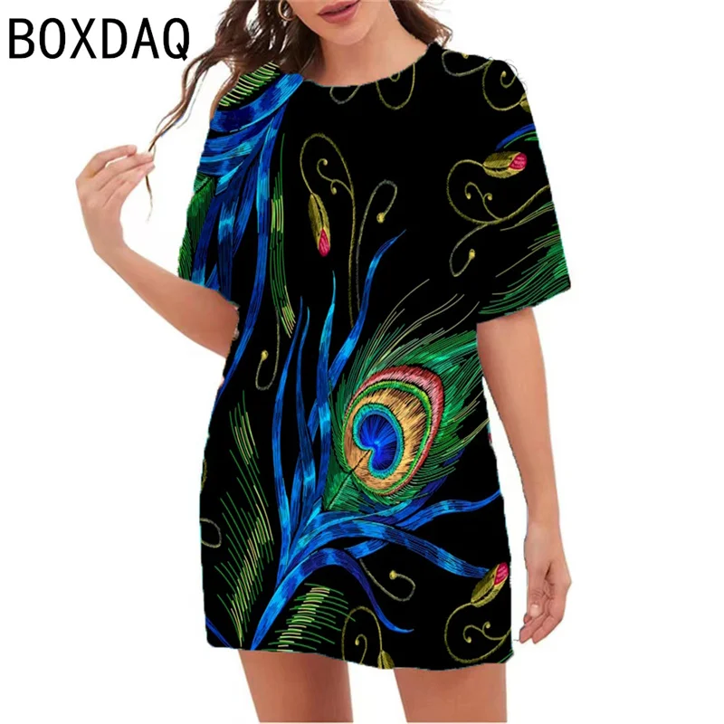 

Big Size 6XL Women Short Sleeve Casual Knee-length Dress 3D Colorful Peacock Feather Print Dress Beach Holiday Dress