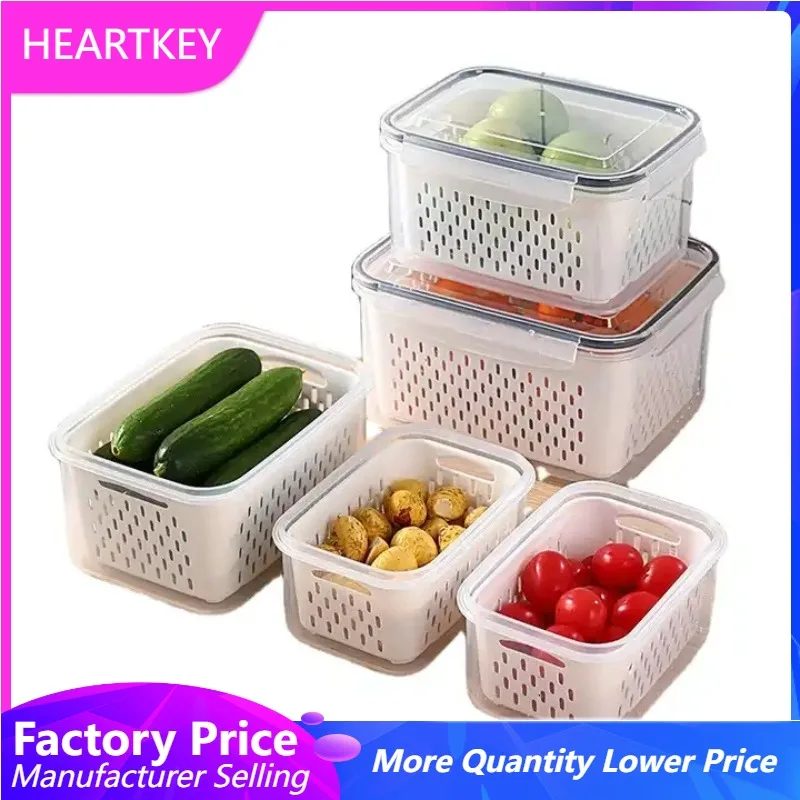 

3 Pack Fridge Food Storage Container Vegetable Fruit Kitchen Refrigerator Organizers Plastic Saver Keeper with Lid and Colander