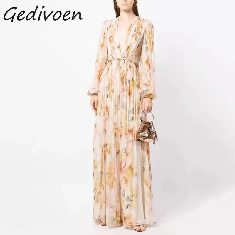 Gedivoen Summer Fashion Designer Vintage Pleated Dress Women V-Neck Ruffles Gathered Waist Slit Floral Print Chiffon Long Dress 
Gedivoen Summer Fashion Designer Vintage Pleated Dress Women V-Neck Ruffles Gathered Waist Slit Floral Print Chiffon Long Dress