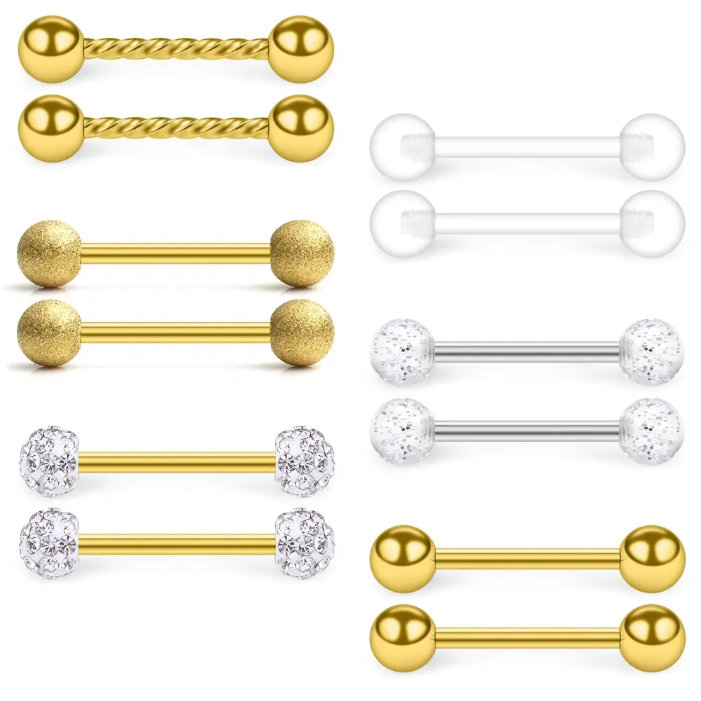 

12pcs 14G Stainless Steel Transparent Shield Nipple Ring Tongue Barbell Rod Fixer Body Piercing Jewelry WomenMen Acrylic Crystal