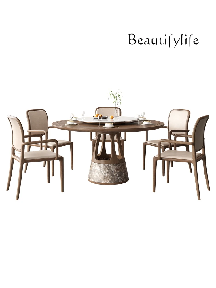 

New Chinese round Dining Table Solid Wood Black Walnut Eating Modern Log Dining Tables and Chairs Set