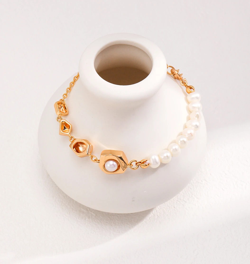 

Alice int fashion 925 Sterling Silver Women's Irregular design Gold Plated Natural pearl sterling silver bracelet