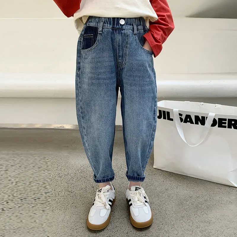 

2024 весенние элегантные модные приталенные детские брюки в стиле Харадзюку, Свободные повседневные универсальные Широкие штаны, однотонные хлопковые джинсы с карманами