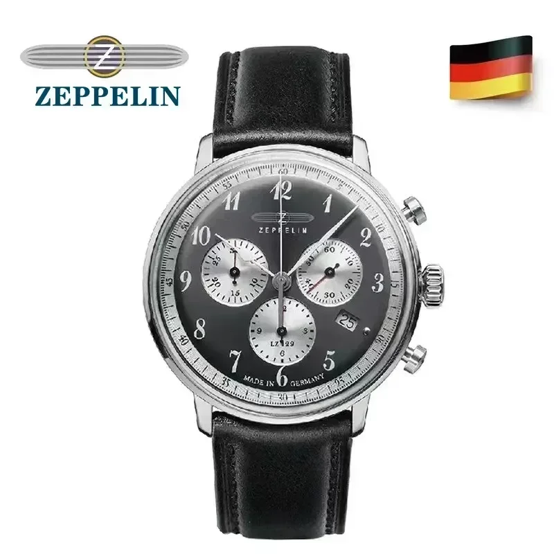 

Часы наручные Zeppelin Мужские кварцевые, модные спортивные деловые Роскошные с черным кожаным браслетом, повседневные