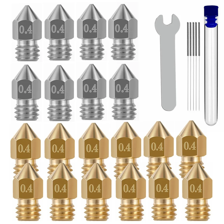 

3D Printer Nozzles 26PCS Hardened Steel Brass MK8 Nozzles 0.4MM with Cleaning Tool Kit for Makerbot Creality CR-10/ Ender 3/5