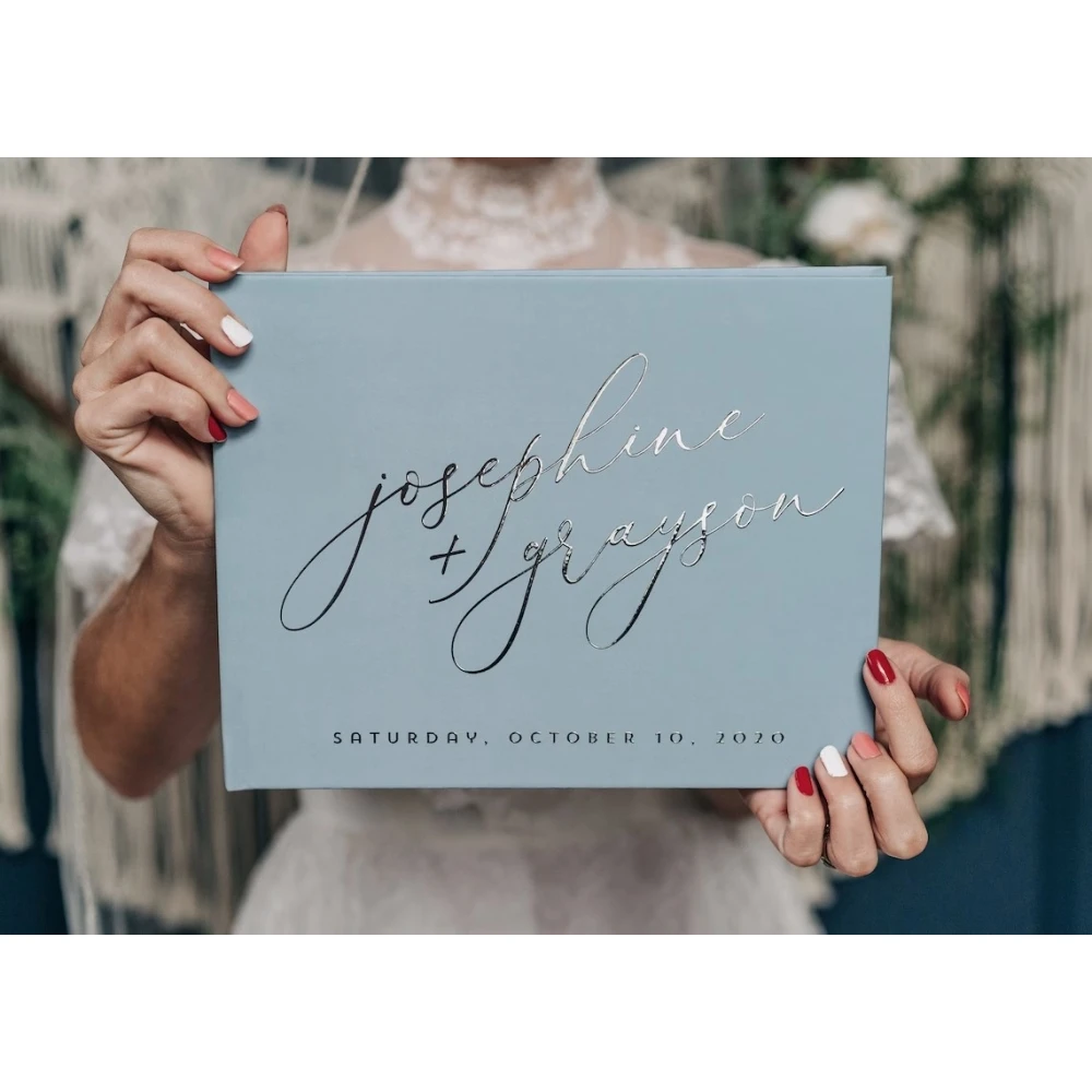 

Dusty Blue Guestbook • Modern Wedding Guest Book • Rustic Photo Book • Silver Foil Hardcover Wedding Album • Horizontal Keepsake